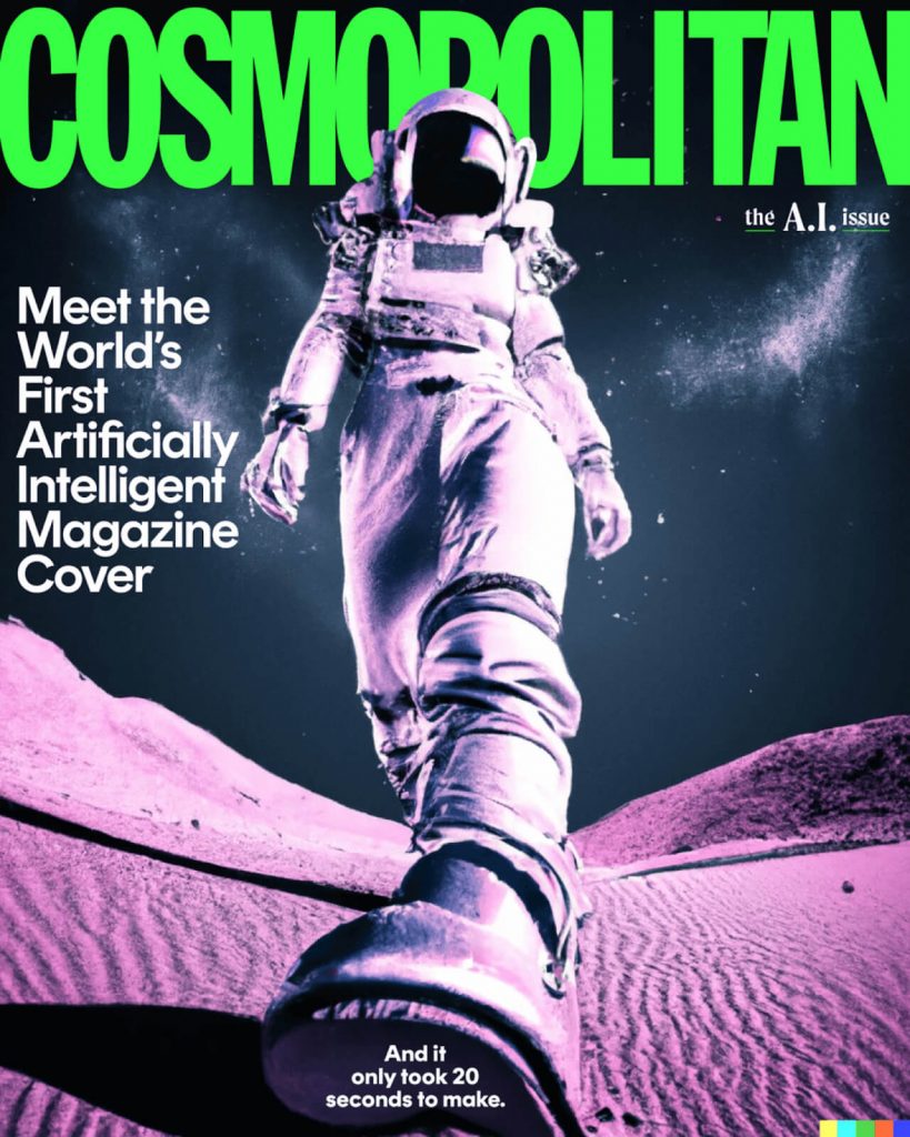 AI-generated Cosmopolitan cover showing an astronaut striding across pink desert dunes, billed as the first AI magazine cover