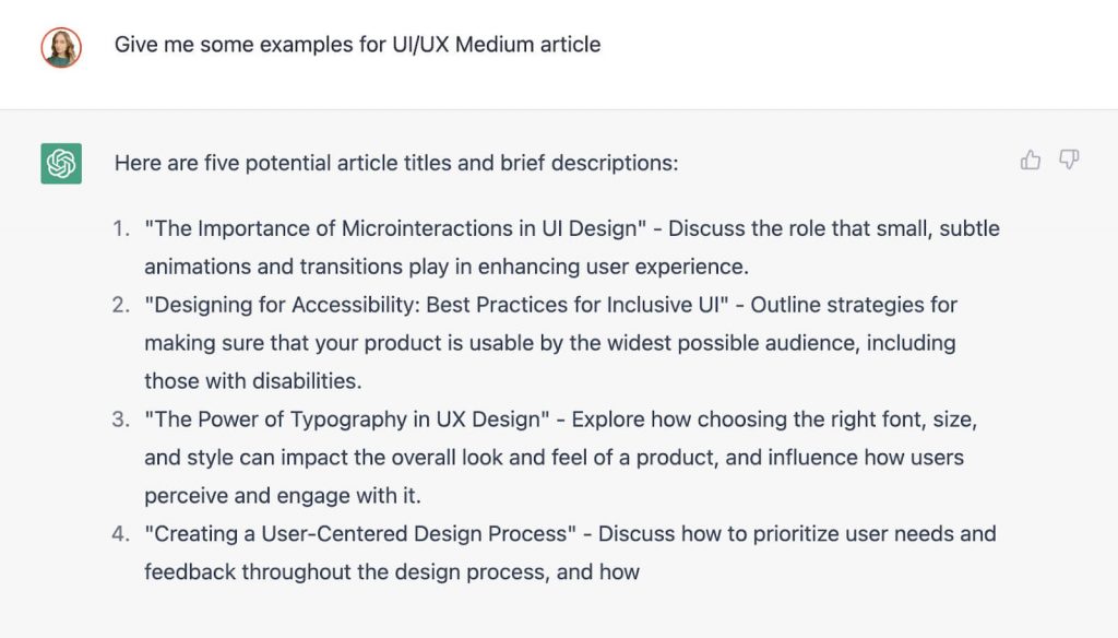 ChatGPT reply suggesting UI/UX article titles with short descriptions, such as microinteractions and accessibility