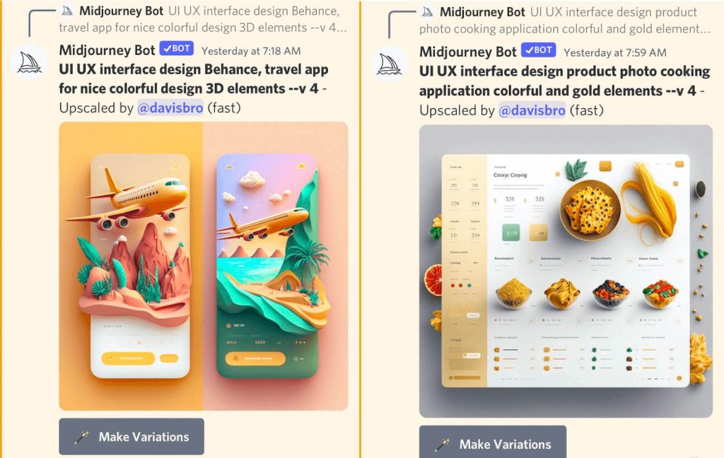 Midjourney Bot results for UI prompts: colorful 3D travel app screens with planes and a cooking app dashboard with food photos