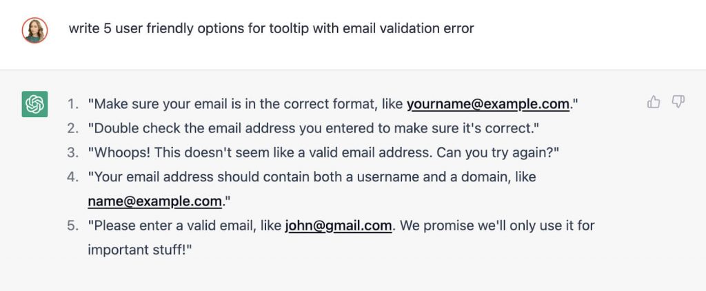 ChatGPT reply giving five user-friendly tooltip messages for an email validation error
