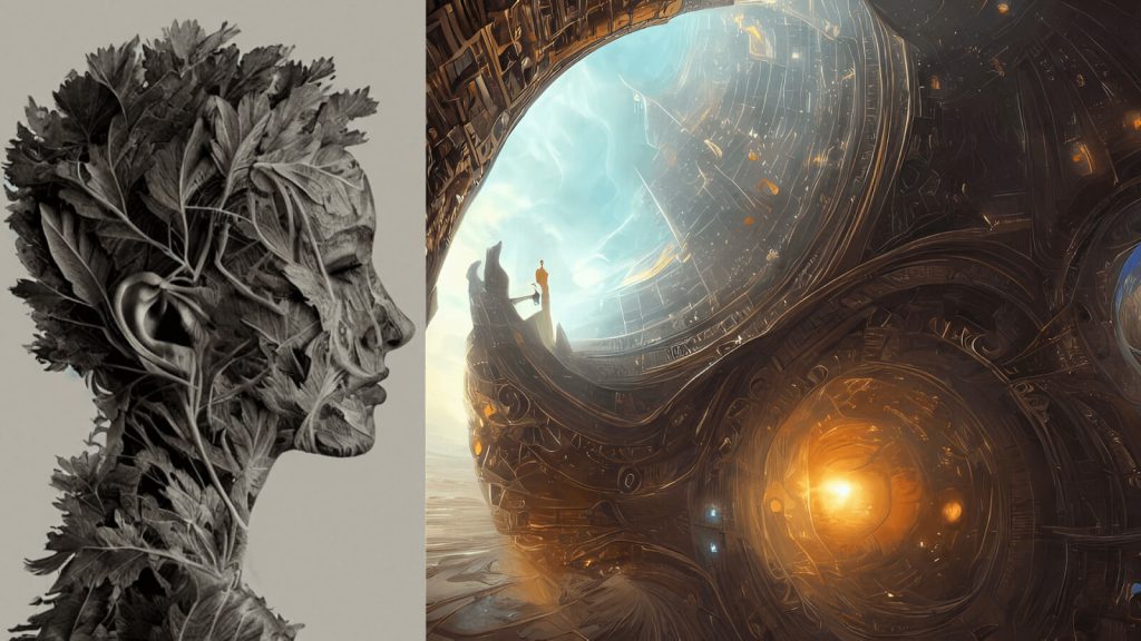 Stable Diffusion examples: a profile head sculpted from leaves and a glowing, ornate sci-fi portal overlooking a city