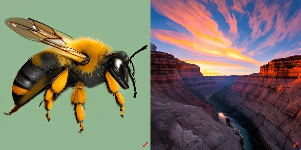 Craiyon generations: a stylized bumblebee on a green background and a canyon under vivid sunset clouds