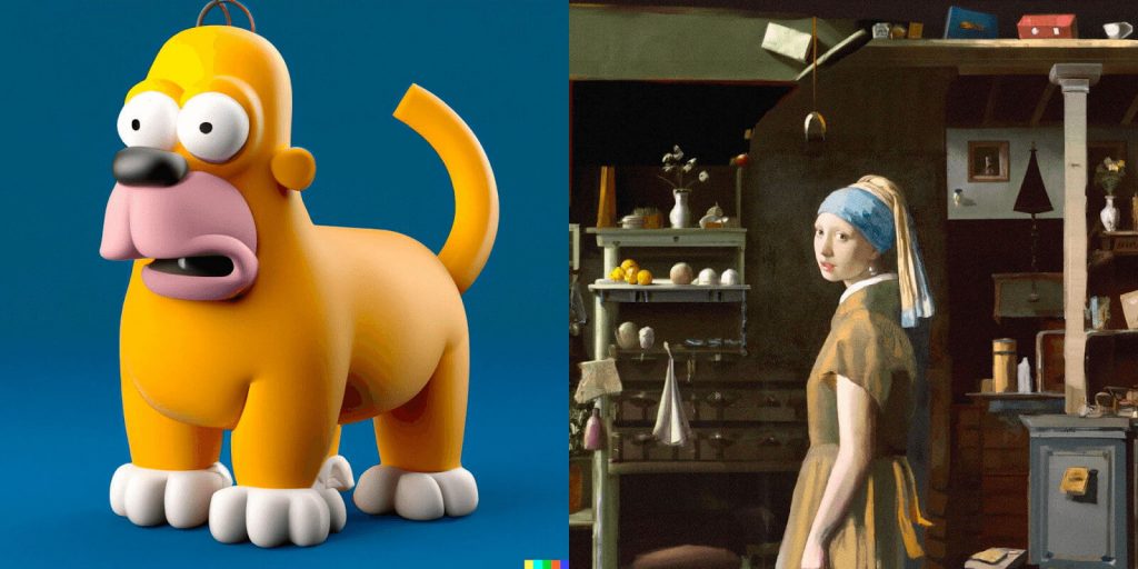 Two DALL-E 2 generations: a Homer Simpson-faced yellow dog figurine and a Vermeer-style girl with a pearl earring in a kitchen
