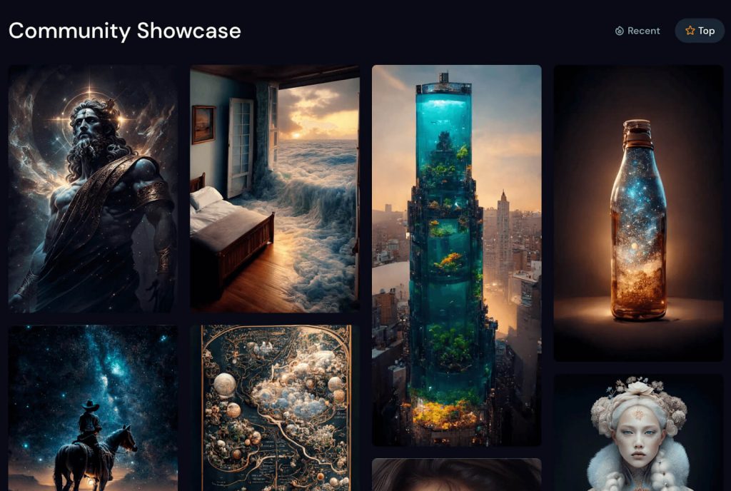 MidJourney Community Showcase grid of AI-generated images, including a starry bottle, a flooded bedroom and a cowboy under the stars