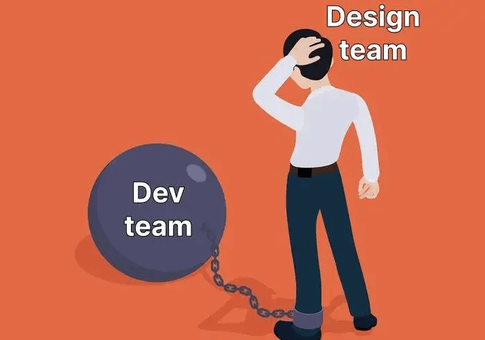 Illustration of a man labelled “Design team” shackled to a ball and chain labelled “Dev team”