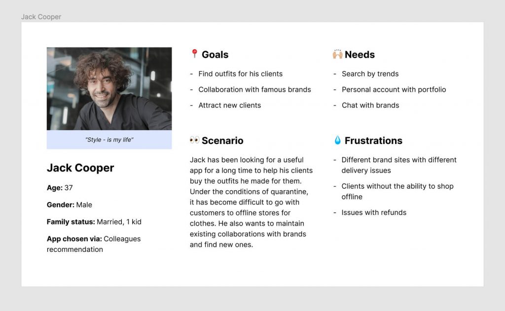 User persona card for Jack Cooper, 37, listing his goals, needs, scenario and frustrations