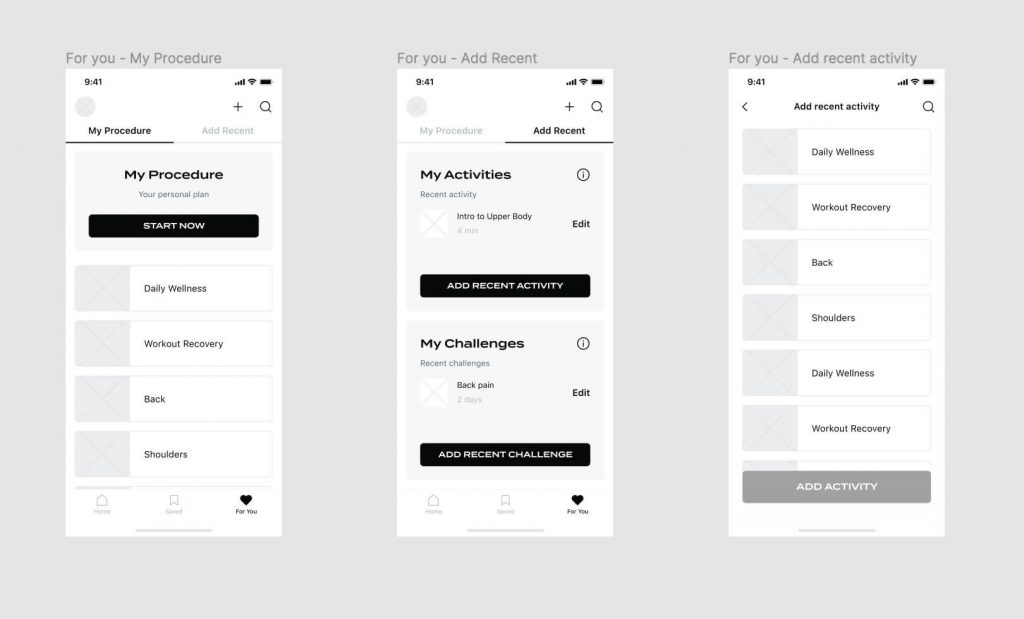 Greyscale wireframes of three mobile screens: My Procedure, Add Recent and Add recent activity