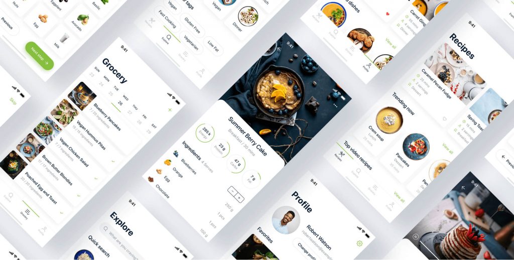 UI layouts of a recipe app: grocery list, a Summer Berry Cake recipe, trending dishes, explore and profile screens