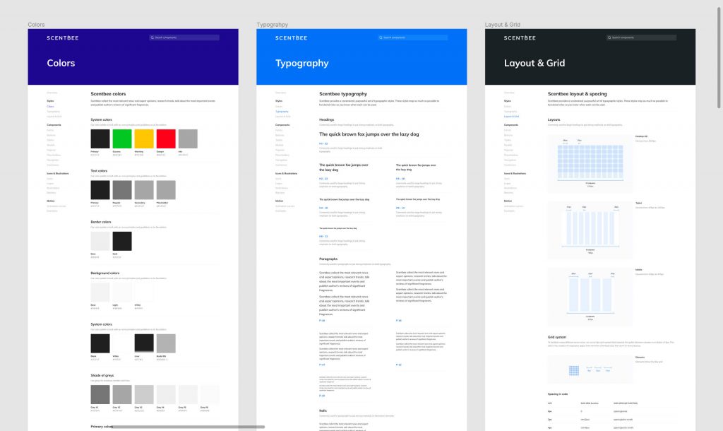 Design system pages for Scentbee: colours, typography, and layout and grid