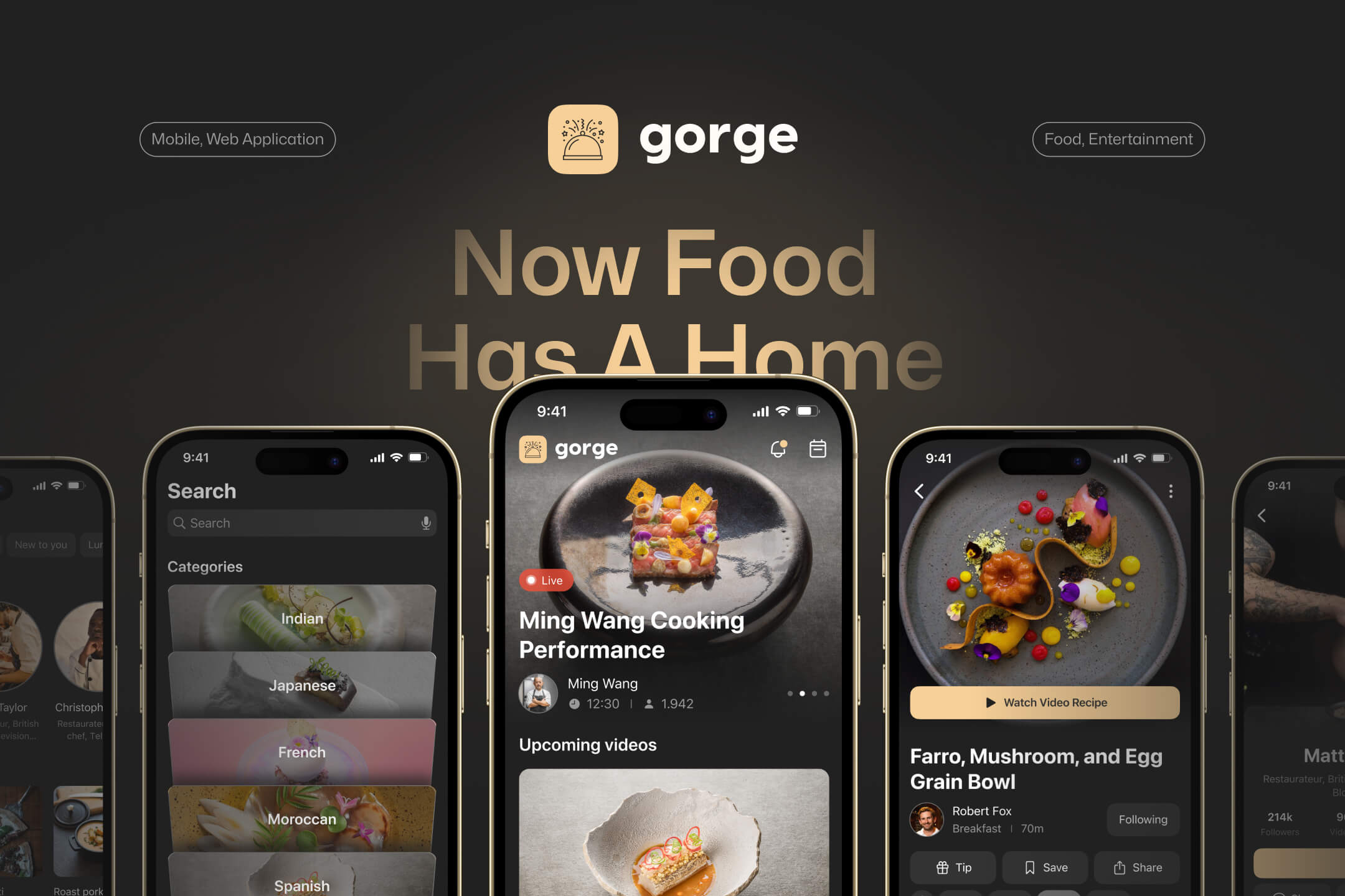 Gorge app on dark phones: cuisine search categories, a live cooking stream and a plated dish with video recipe