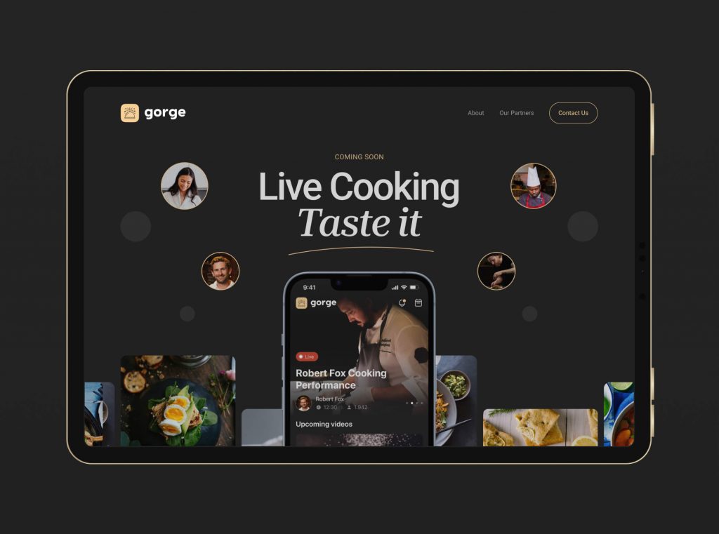Gorge marketing website on a tablet: 'Live Cooking, Taste it' coming-soon hero with chef avatars and the app on a phone