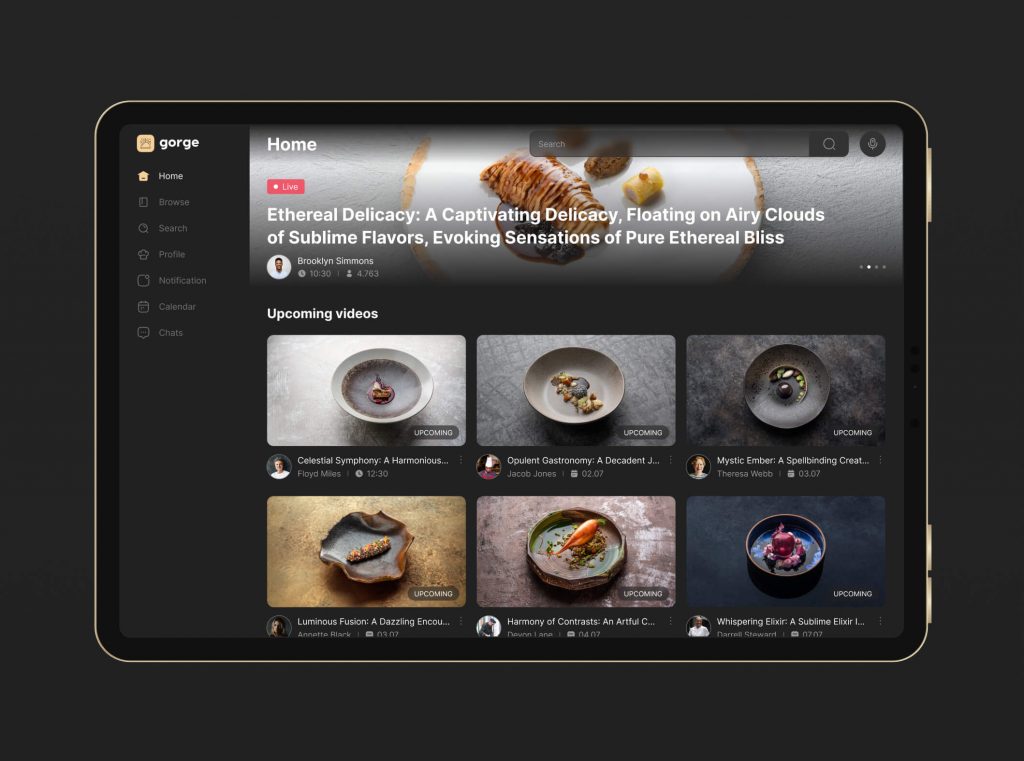 Gorge tablet home screen with a featured live stream banner and a grid of upcoming cooking videos