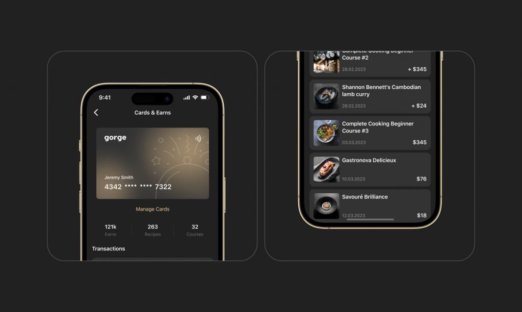 Gorge chef earnings screen with a gorge payment card, earnings stats and a transactions list of course and recipe sales