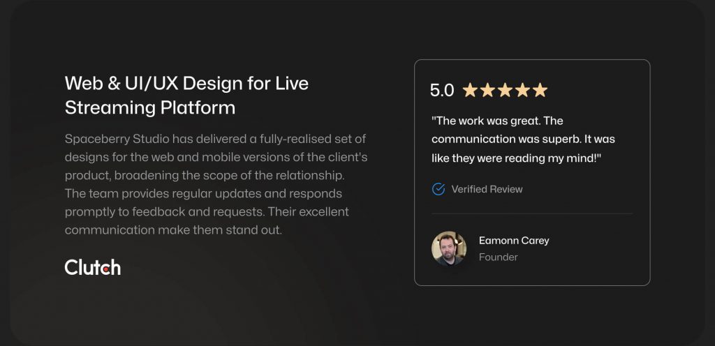 Clutch review of Spaceberry's web and UI/UX design for Gorge: 5.0 stars, verified quote from founder Eamonn Carey