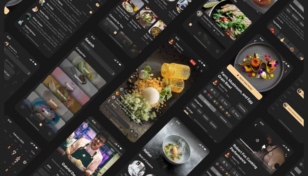 Collage of Gorge mobile screens: search, live streams, recipe pages, calendar and chats in the dark gold interface