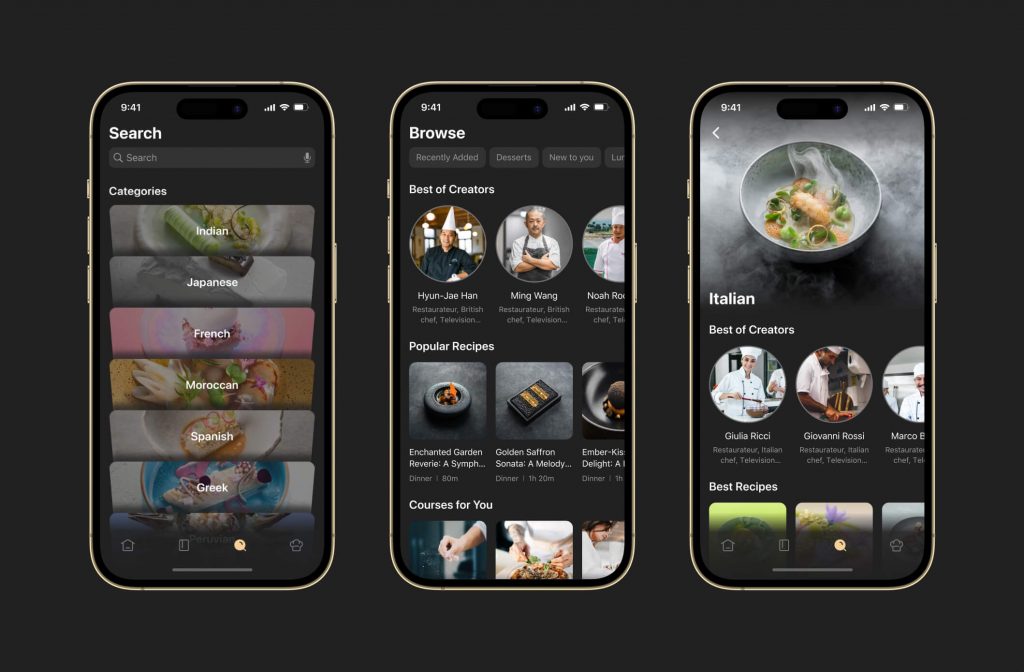Gorge search screens: cuisine category list, Browse page with top creators and recipes, and an Italian cuisine page