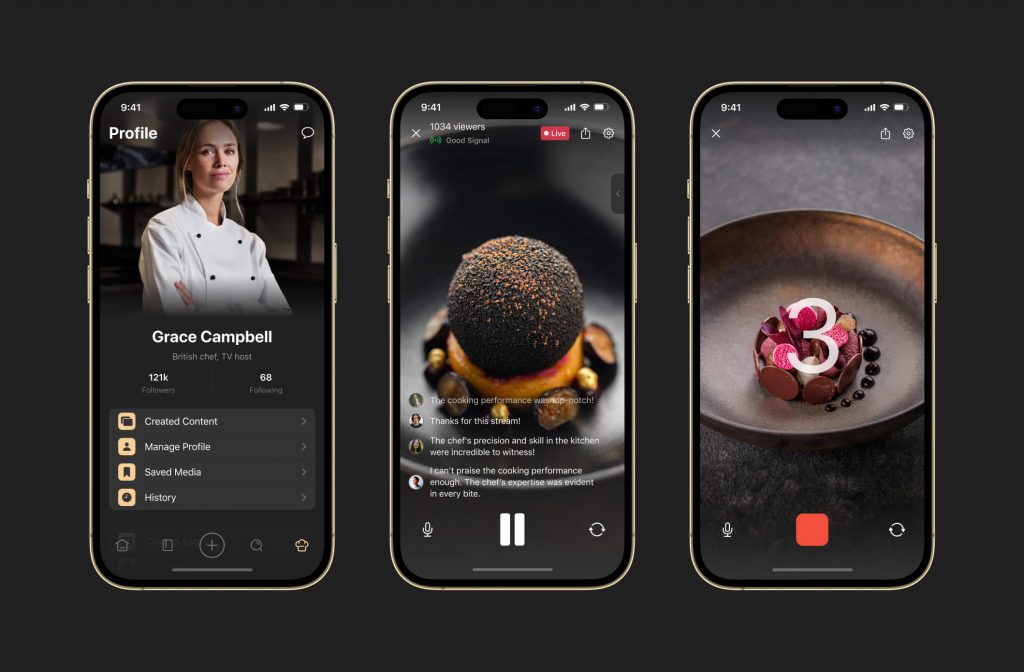 Gorge chef app screens: chef profile with content menu, a live stream with 1034 viewers and comments, and a recording countdown