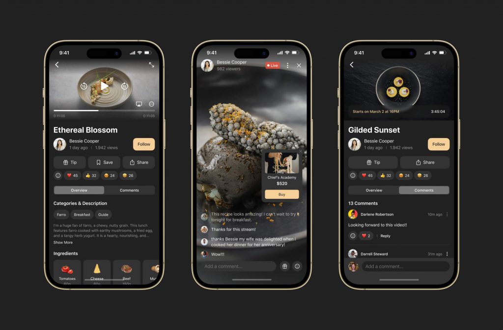 Gorge video screens: recipe video with reactions and ingredients, live stream with a $520 course offer, and a comments tab