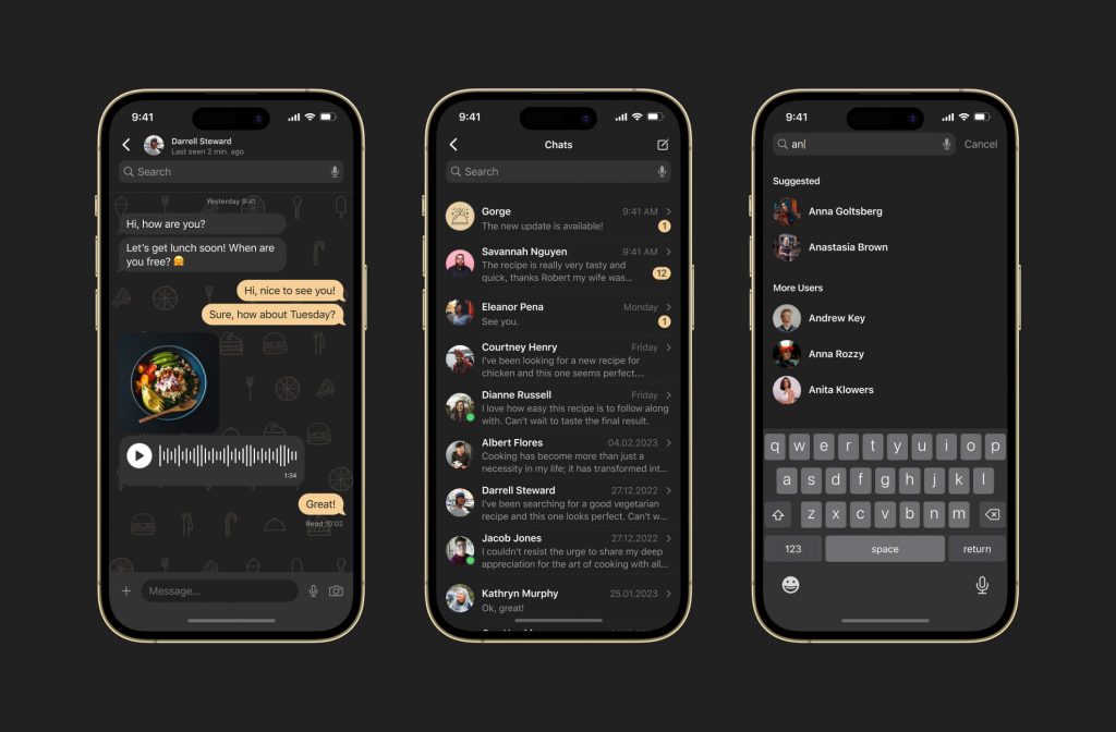 Gorge messaging screens: a chat with photo and voice message, the chats inbox, and user search with suggested contacts