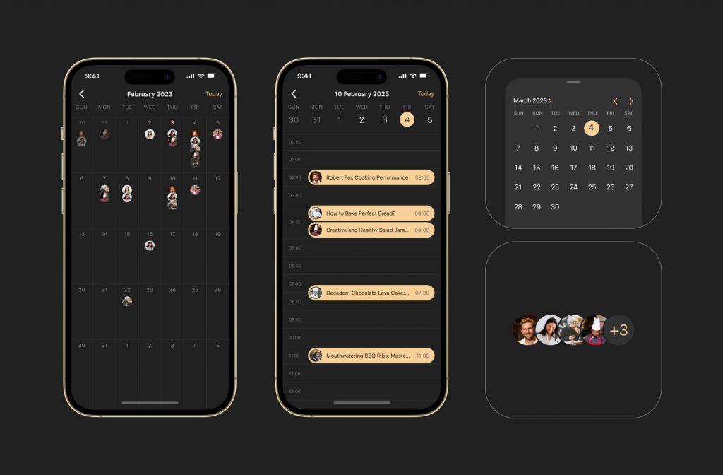 Gorge calendar screens: monthly view with chef avatars on event days, a daily stream schedule, and a date-picker widget