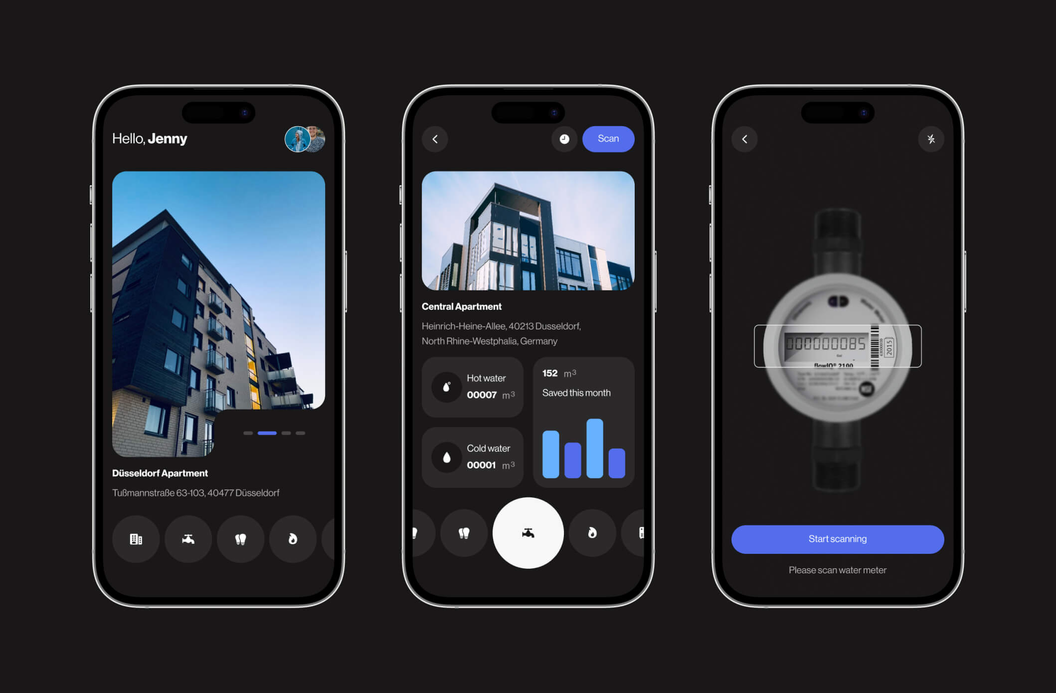 Meter Scanner app screens: apartment list, apartment with hot and cold water readings, and water meter scanning