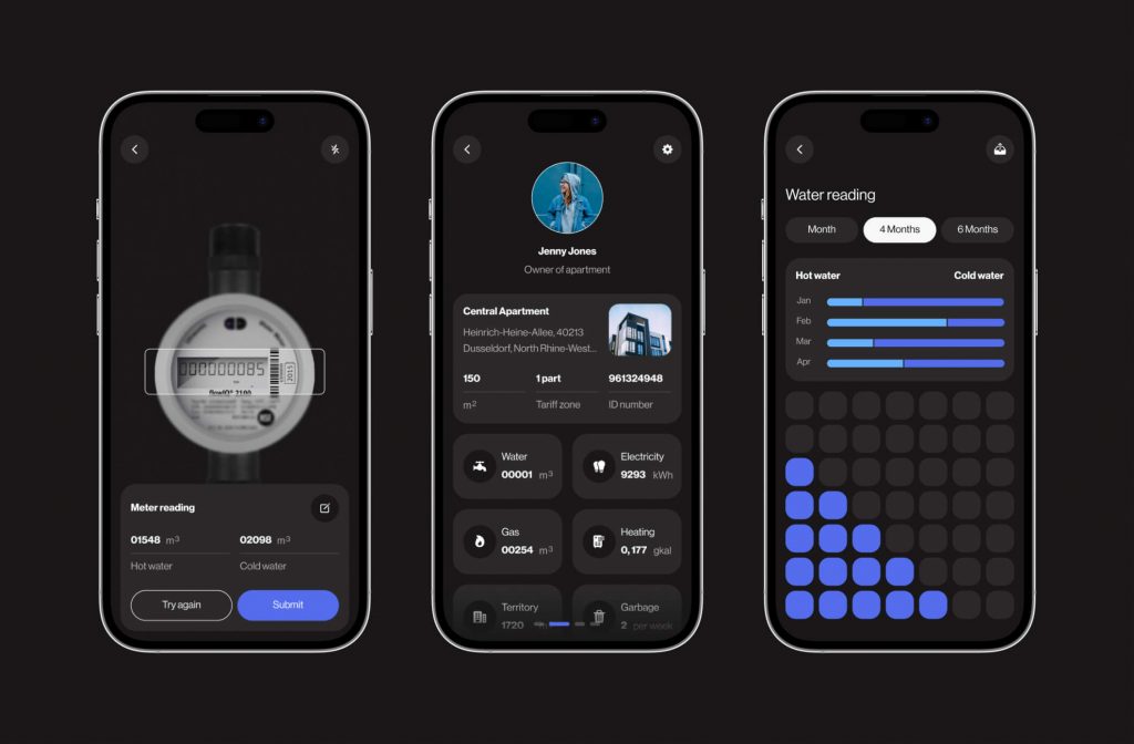 Meter Scanner screens: scanned meter reading to submit, apartment owner profile with utilities, water usage history