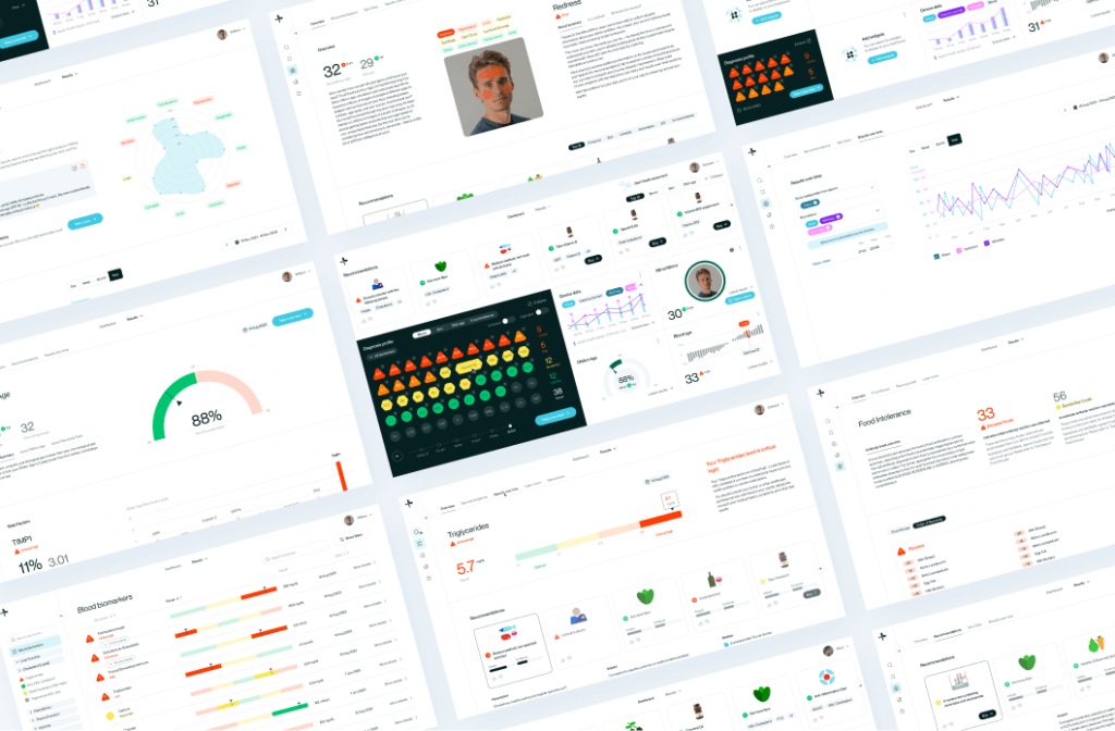 OptimallyMe desktop dashboard designs: diagnosis profile, biomarker results, triglycerides, food intolerance and trend charts
