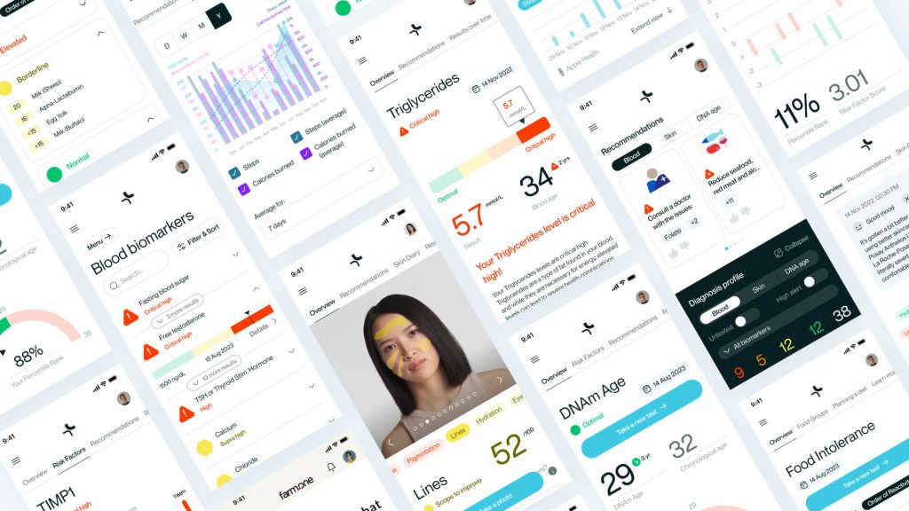 OptimallyMe mobile screens: blood biomarkers, triglycerides result, DNAm age, skin analysis, diagnosis profile and food intolerance