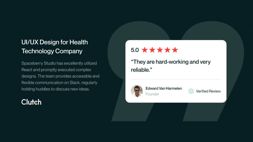 Clutch review of Spaceberry's UI/UX design for OptimallyMe: 5.0 stars, verified quote from founder Edward Van Harmelen