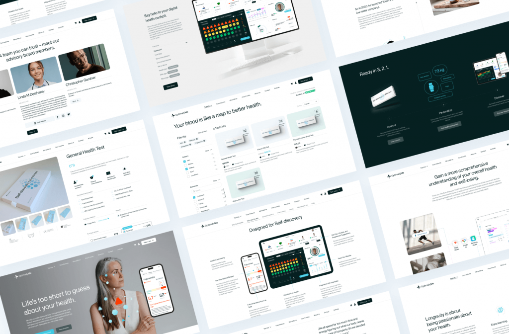 OptimallyMe marketing website pages: health test product pages, blood test catalogue, advisory board and 'Life's too short' hero
