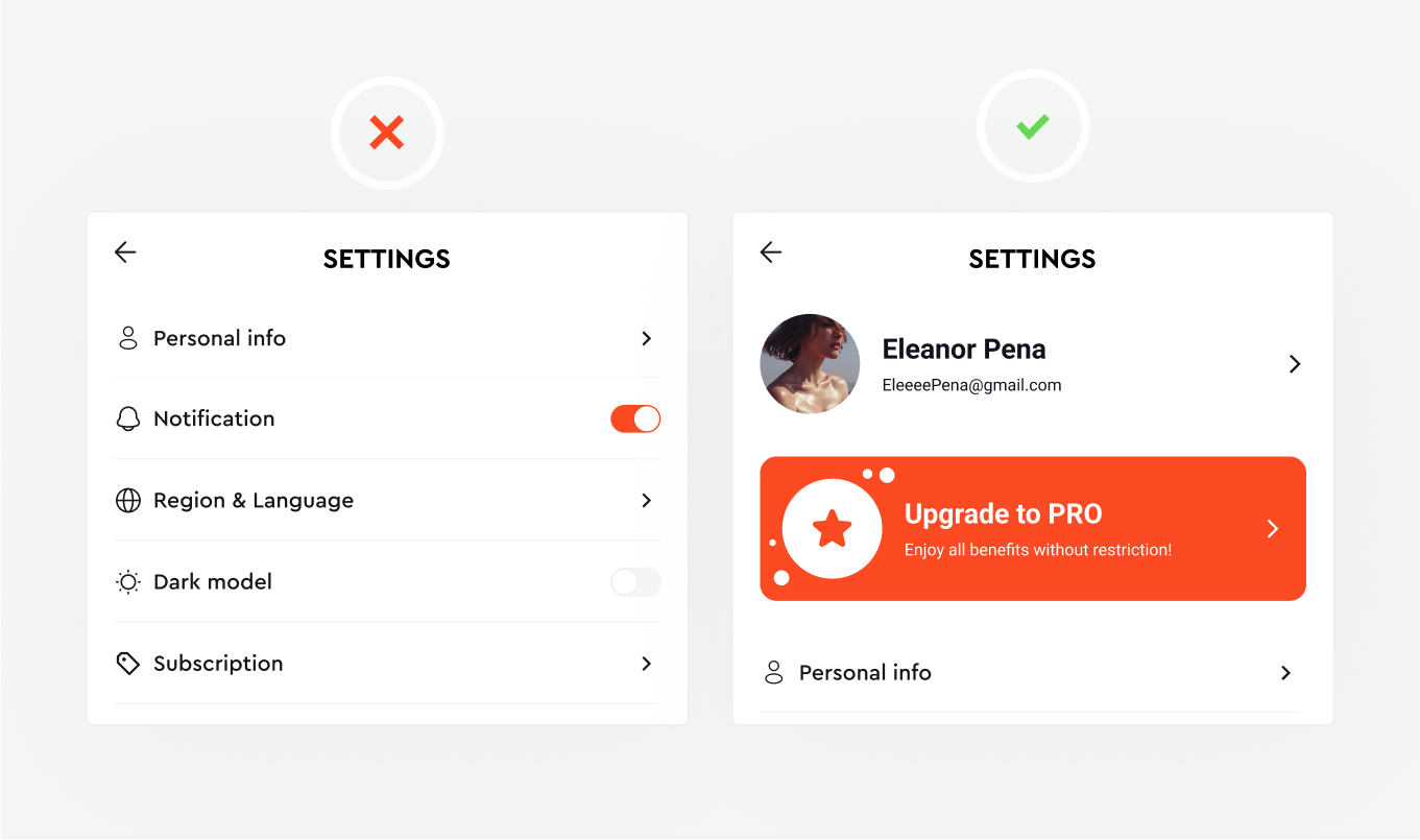 Two app settings screens compared: a plain list with Subscription buried at the bottom (wrong) and one with a prominent Upgrade to PRO banner under the profile (right)
