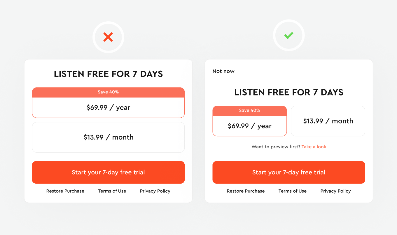 Two Listen free for 7 days paywalls: stacked yearly and monthly plans with no way out (wrong) and side-by-side plans with a Not now option and a Take a look preview link (right)