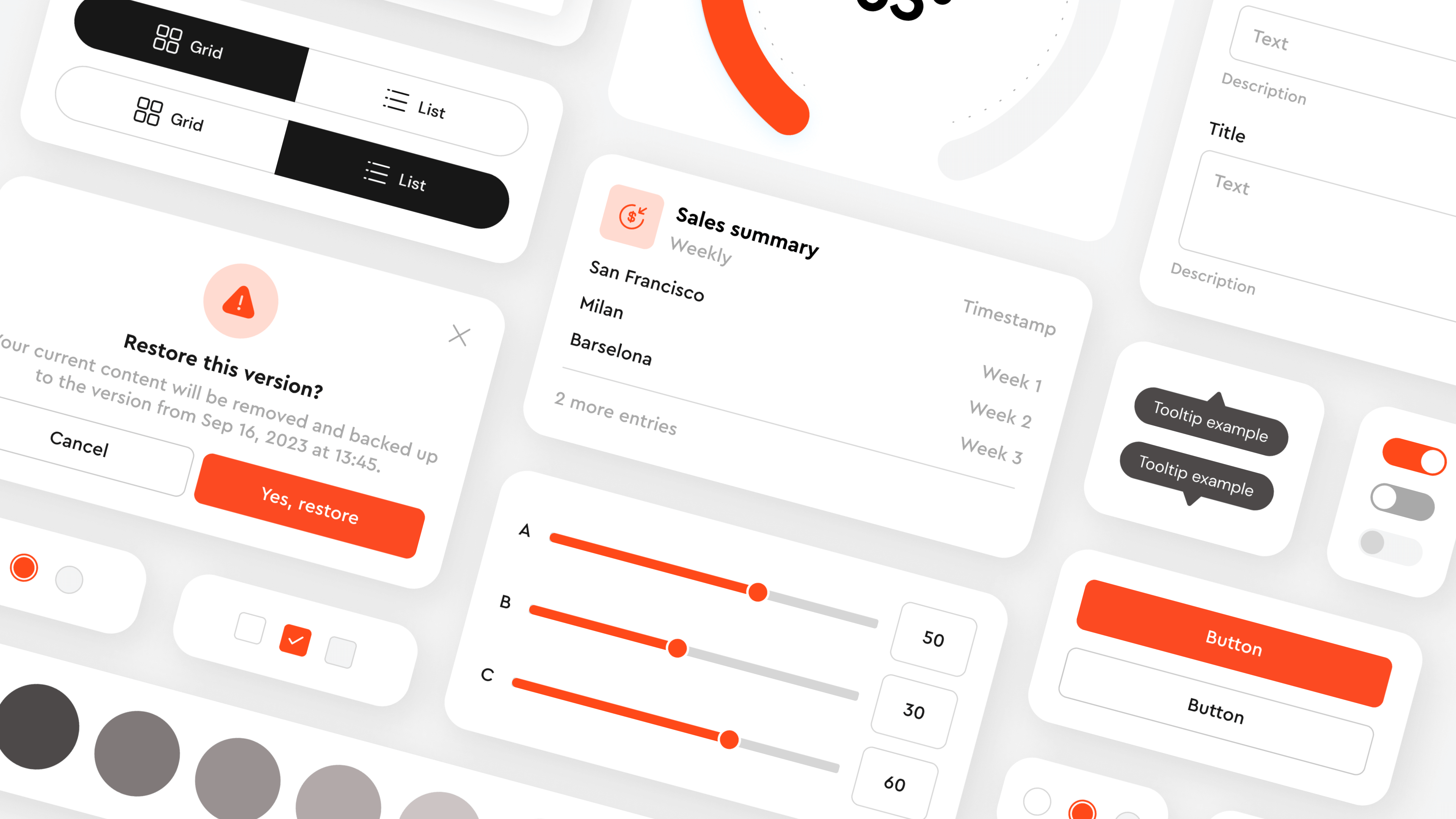 Components from a design system overlay — toggles, sliders, checkboxes, tooltips, buttons, a sales summary card and a restore-version dialog
