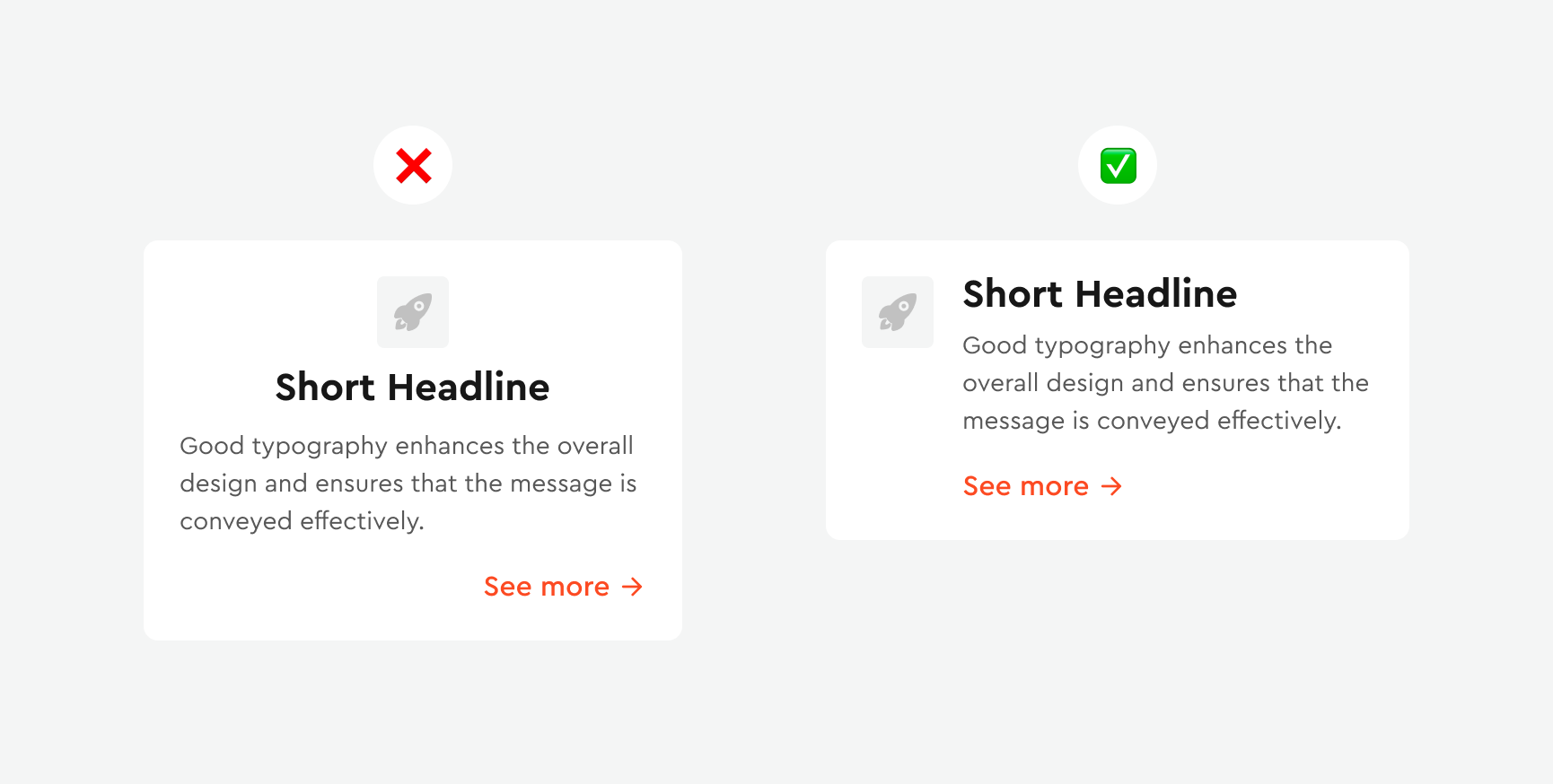 Feature card compared: centered icon, heading and right-aligned link versus everything left-aligned beside the icon