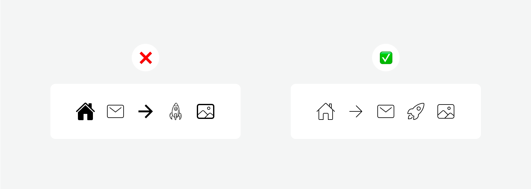 Icon set compared: mixed filled, outlined and detailed icons versus a consistent thin-line set of the same icons