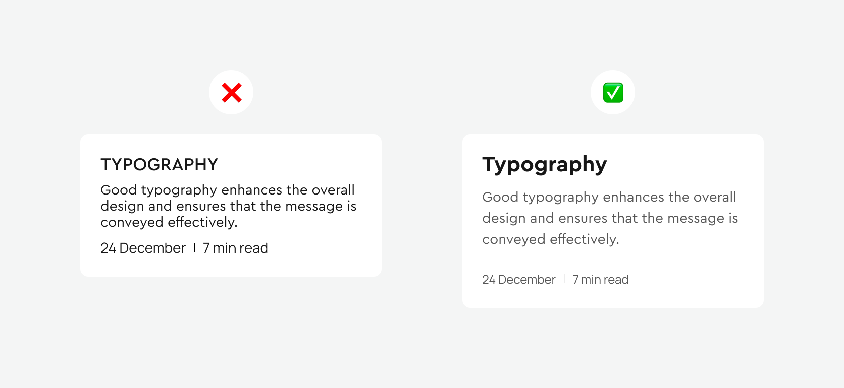 Article card compared: uniform all-caps title and same-weight text versus bold heading, grey body and small meta line