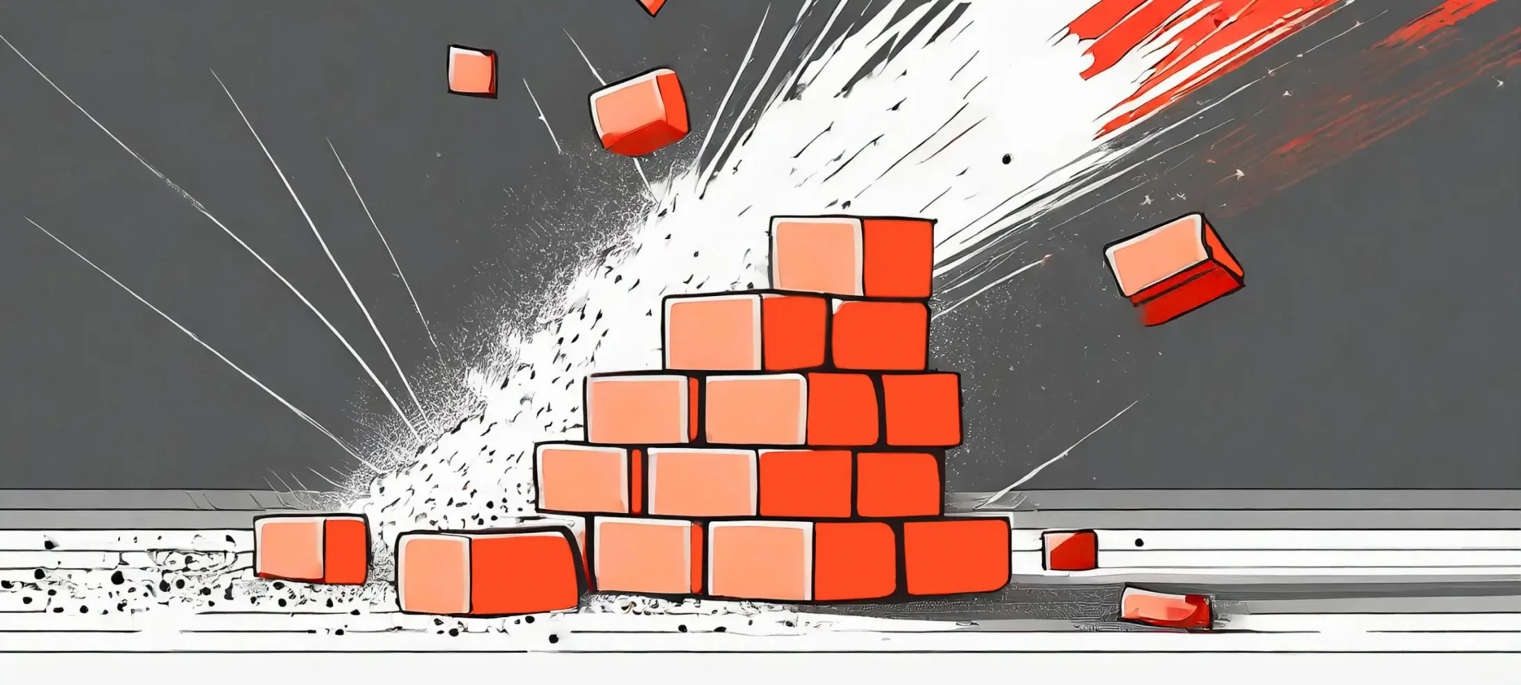 Stack of orange bricks with loose bricks flying off in a burst of white dust against a grey backdrop