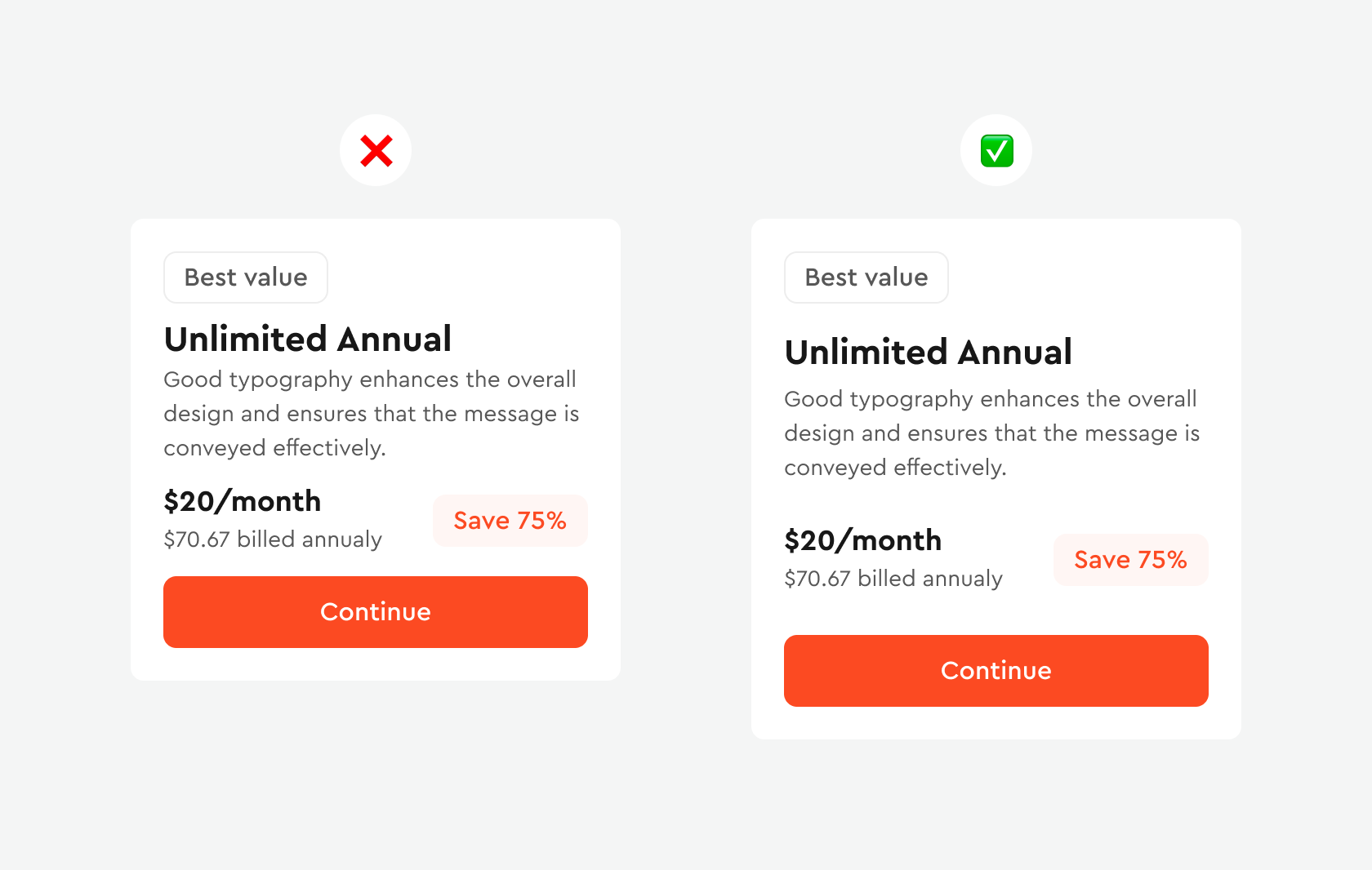 Pricing card compared: cramped spacing between plan, price and button versus the same card with generous whitespace