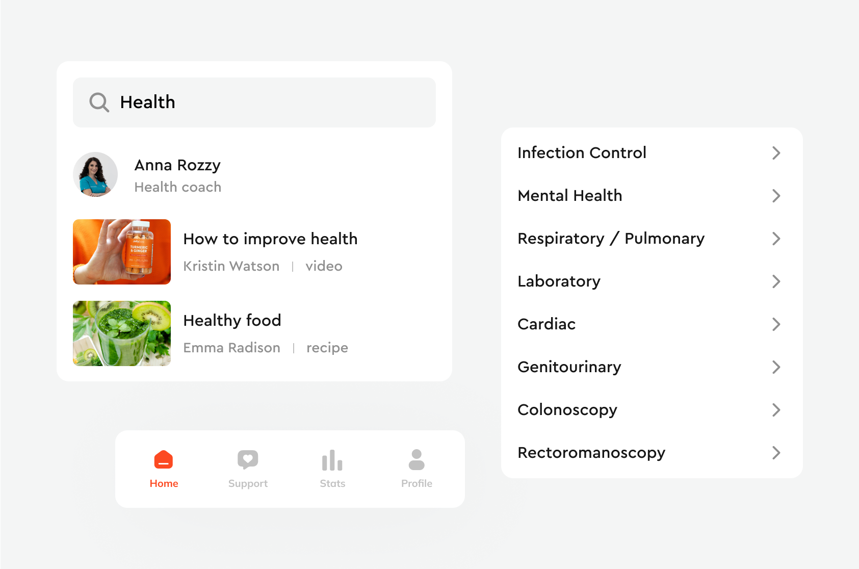 Telemedicine app search for “Health” with a coach and content results, a bottom tab bar, and a medical category list