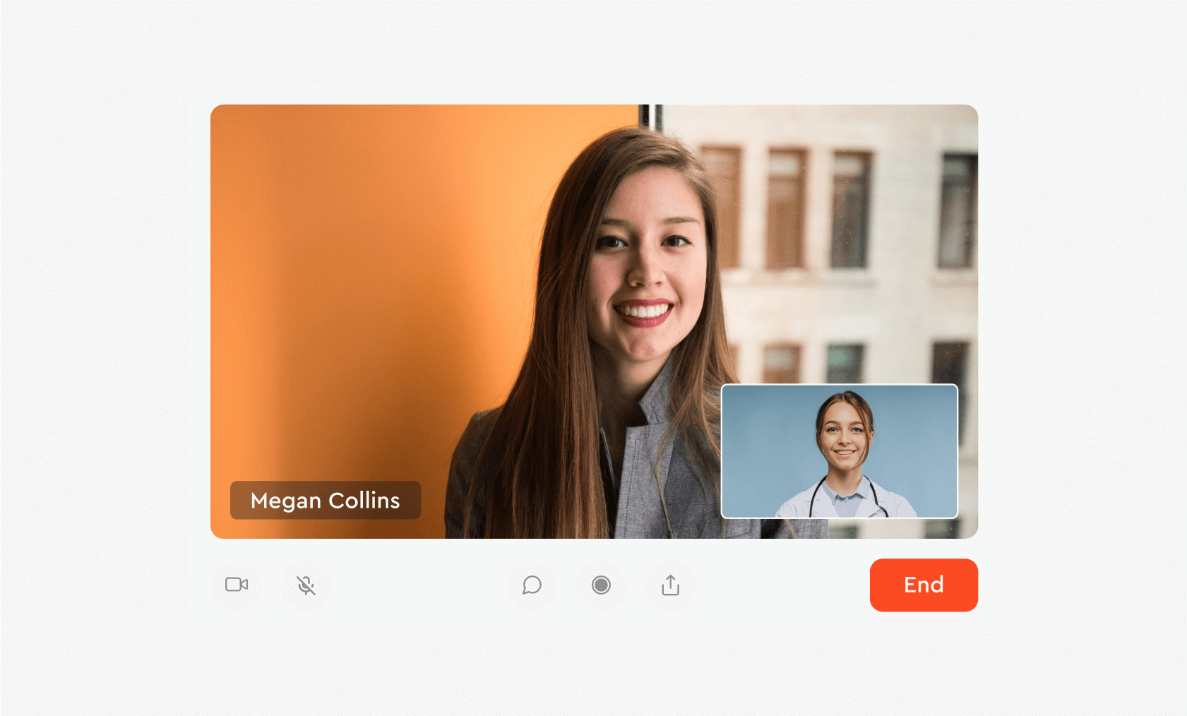 Video consultation screen: patient on the main feed, doctor in a picture-in-picture window, call controls and End button