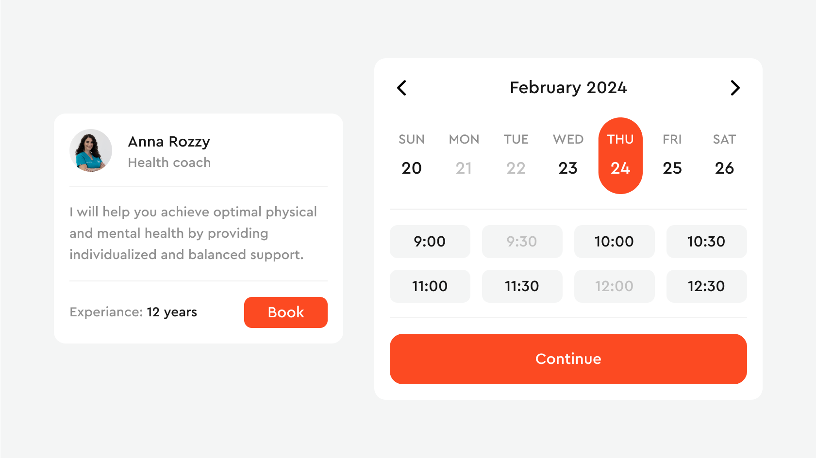 Doctor appointment booking: health coach profile card with Book button and a February 2024 date and time slot picker