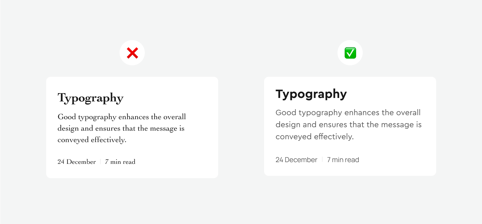 Article card set in a decorative serif font versus the same card in a clean sans-serif font
