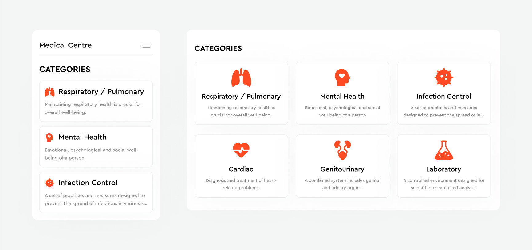 Medical categories layout on mobile as a stacked list and on desktop as a six-card grid with icons and descriptions