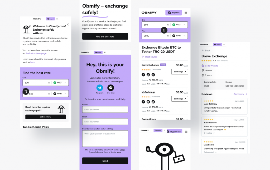 Obmify mobile screens: welcome and rate finder, support contact form, BTC to USDT listings and an exchanger review page