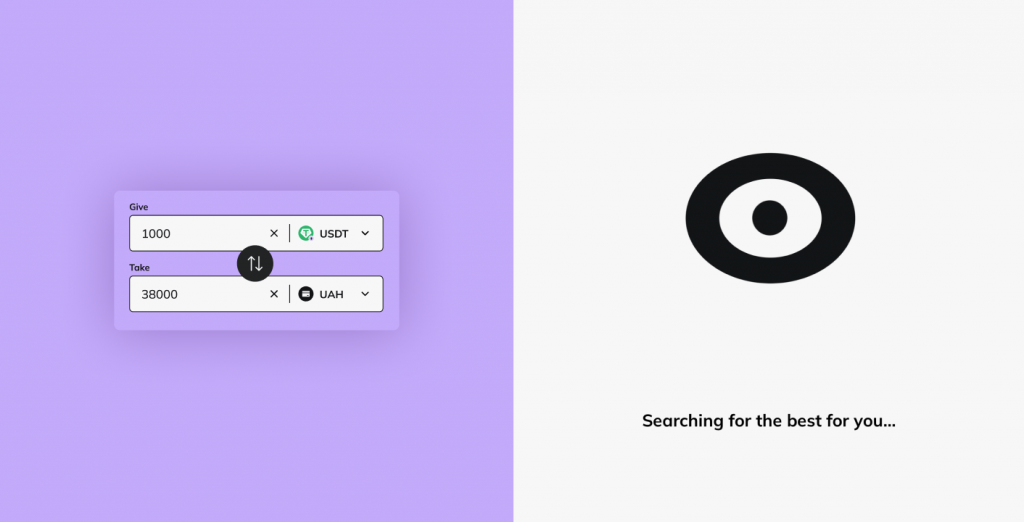 Obmify USDT to UAH exchange widget and an eye loading animation reading 'Searching for the best for you…'