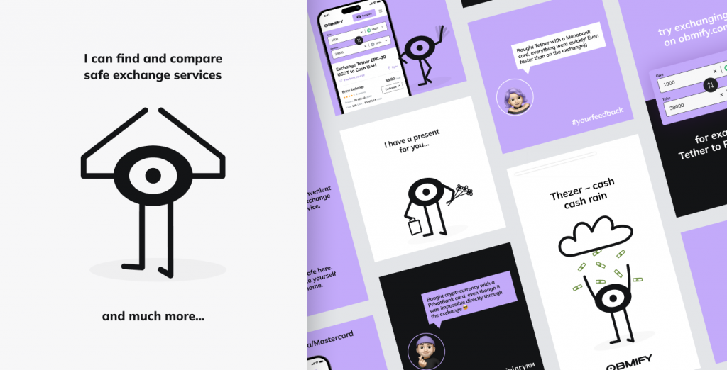 Obmify mascot 'I can find and compare safe exchange services' next to a set of branded social media posts
