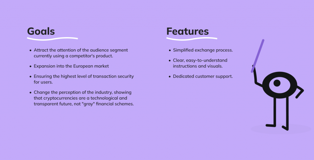 Obmify goals and features list with the brand's one-eyed stick-figure mascot holding a pointer