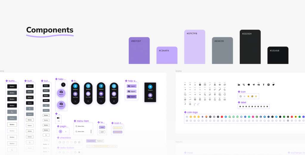 Obmify style guide: purple and dark color palette with hex codes, plus buttons, icons, coin logos and form components