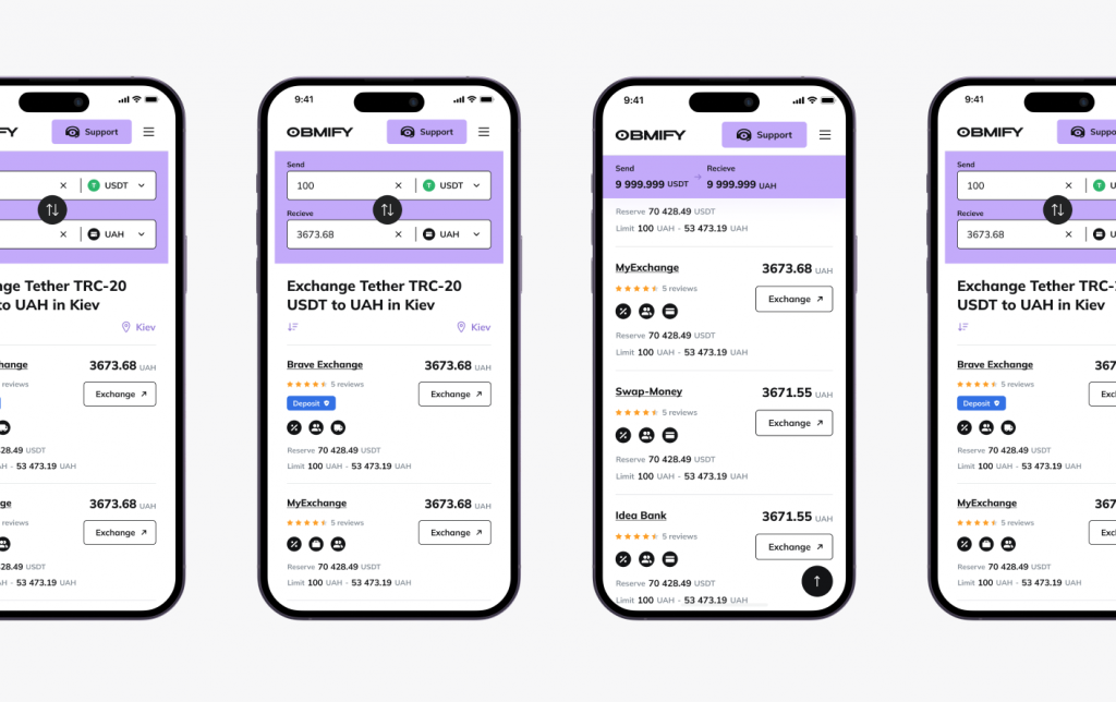 Obmify mobile exchange results: USDT to UAH rate comparison listing exchangers with ratings, reserves and limits
