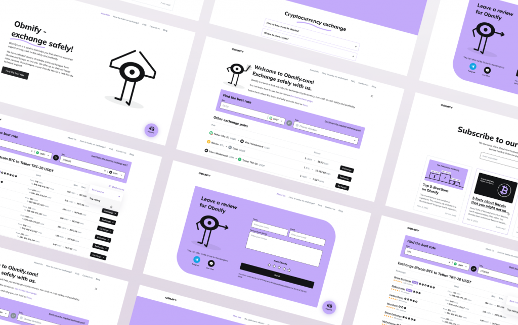 Grid of Obmify desktop pages: landing hero, best-rate finder, exchange listings, review form and subscribe block